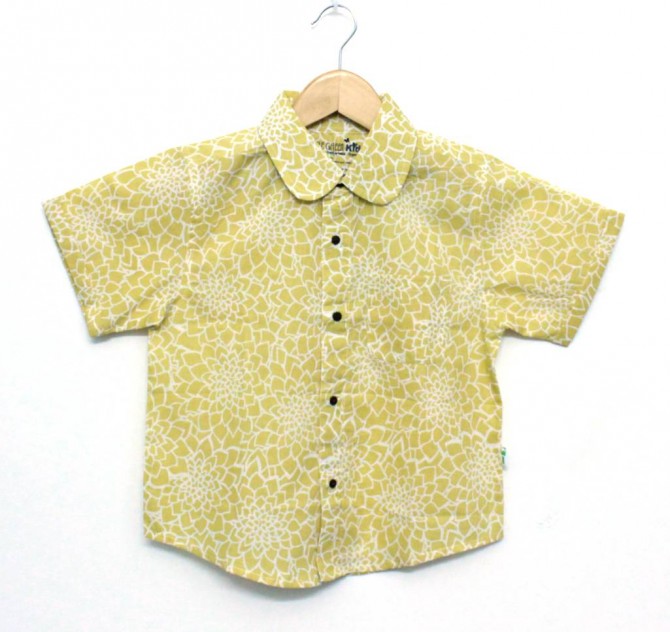Organic Cotton Turmeric Yellow Flower Print Half Sleeve Boys Shirt - Front