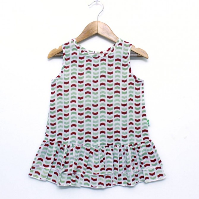 Organic Cotton Green and Red Arrow Print Sleeveless Bottom Frill Frock - Front