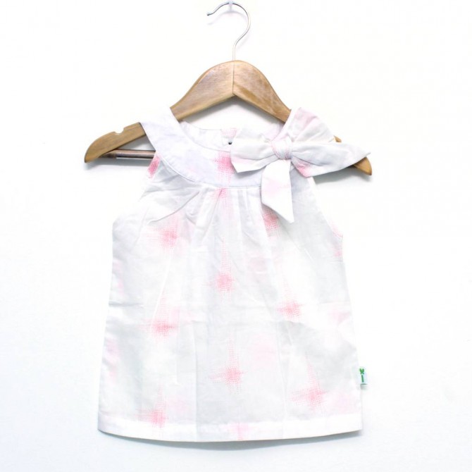 Organic Cotton White Ikat Print Sleeveless Side Bow Top - Front