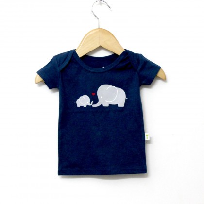Organic Cotton Indigo Half Sleeve Elephant Print Envelope Neck T-Shirt - Front