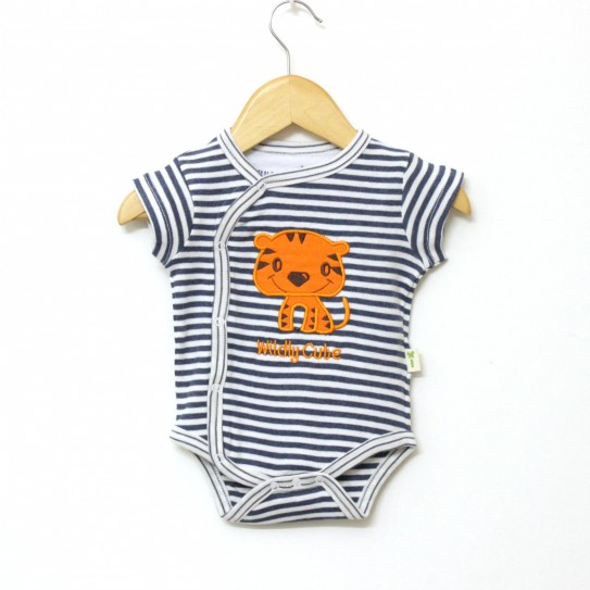 Organic Cotton Navy Blue and White Stripes Baby Half Sleeve Kimono Front Open Romper - Front