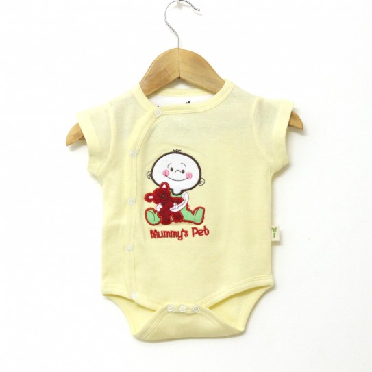 Organic Cotton Yellow Baby Half Sleeve Kimono Front Open Romper - Front