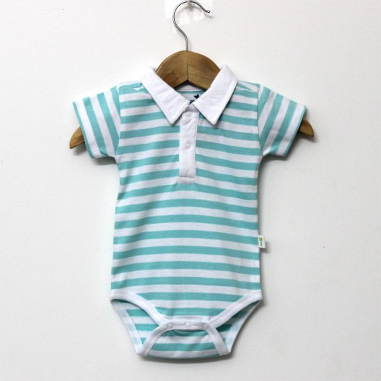 Organic Cotton Green and White Stripes Half Sleeve Polo Neck Romper Front