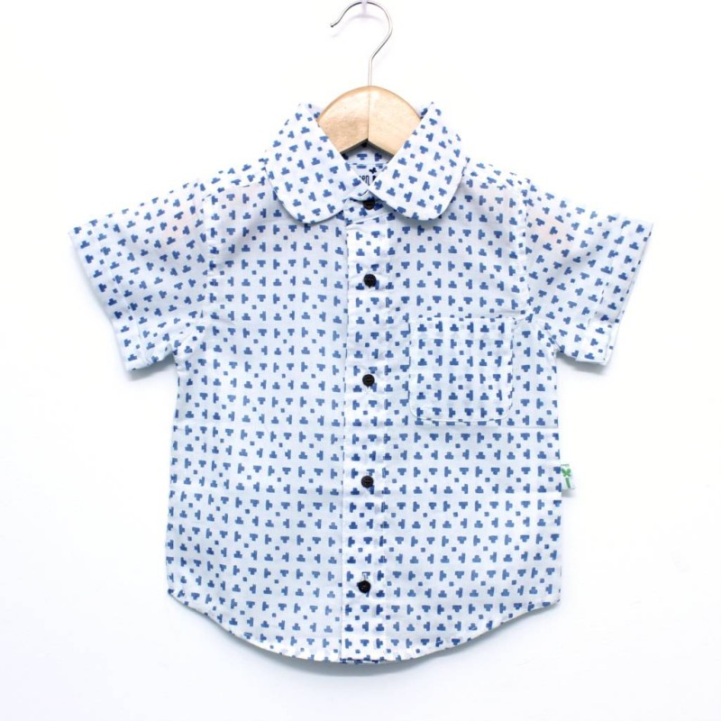 Organic Cotton Royal Blue Lattice Print Boys Shirt - Front
