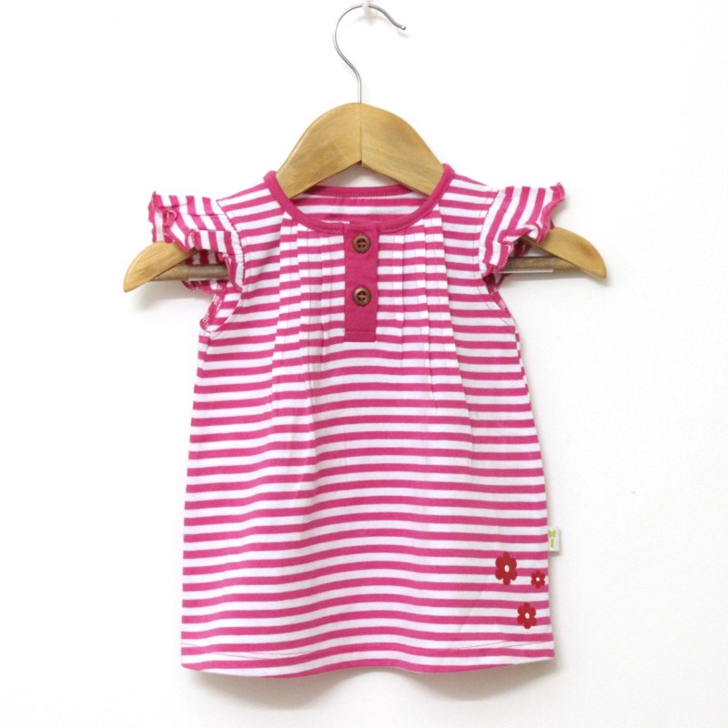 Organic Cotton Pink and White Stripes Girls Half Sleeve Summer Frock Top - Front