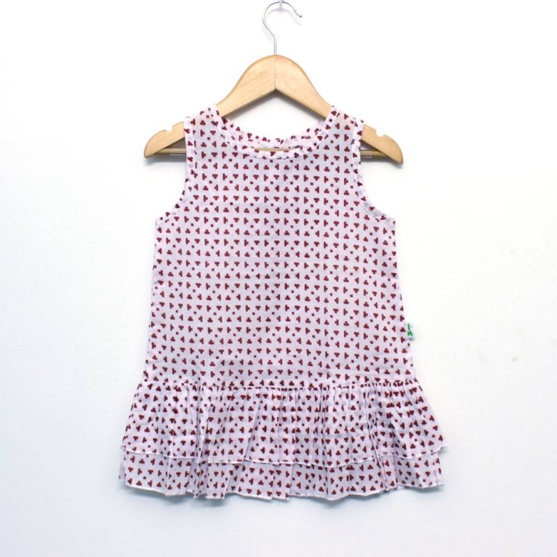 Organic Cotton Red T Print Sleeveless Bottom Frill Frock - Front