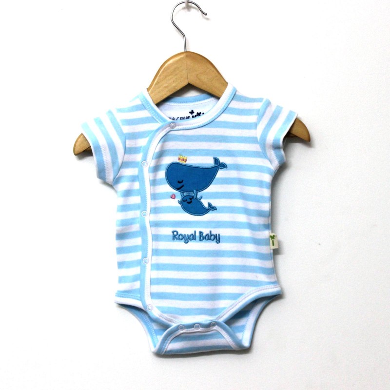 Organic Cotton Turquoise and White Stripes Baby Half Sleeve Kimono Front Open Romper - Front