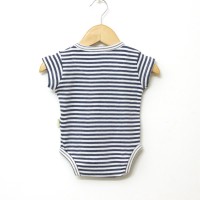 Organic Cotton Navy Blue and White Stripes Baby Half Sleeve Kimono Front Open Romper  - Back