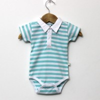 Organic Cotton Green and White Stripes Half Sleeve Polo Neck Romper Front