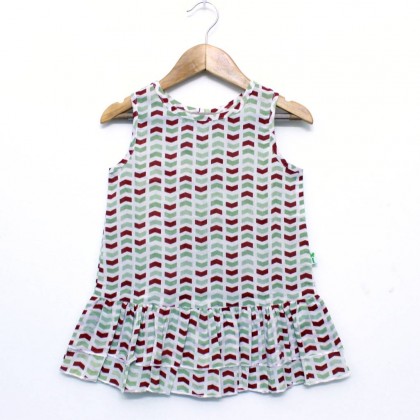 Organic Cotton Green and Red Arrow Print Sleeveless Bottom Frill Frock